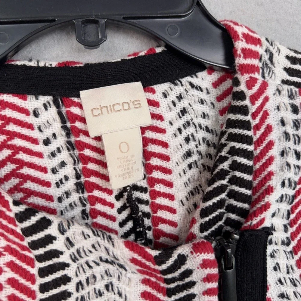 Chicos Cardigan Sweater Womens 0 Red Black White Full Zip Chevron Asymmetrical